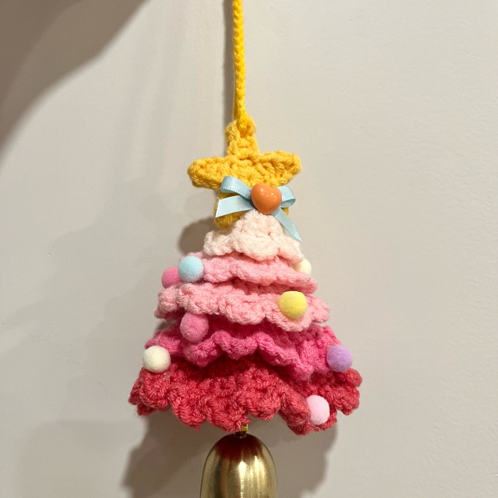 Christmas Crochet Tree Ornament with Bell Cute Xmas Decoration, Hanging Decor
